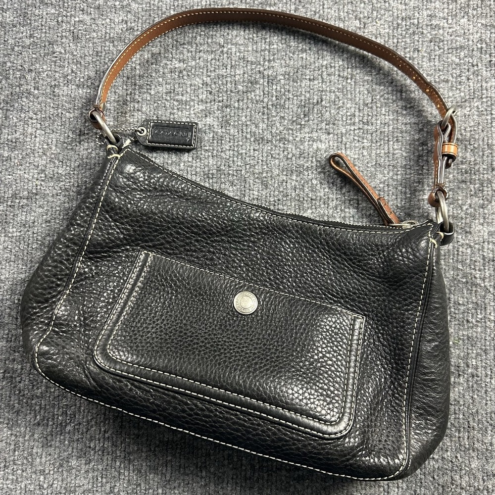 Coach Shoulder Bag Womens Small Black Leather Pebbled Zip Purse Handbag F10890